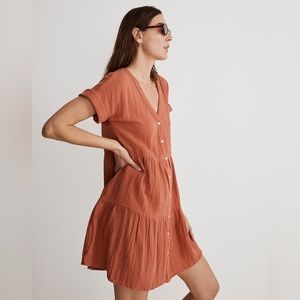 Madewell Lightspun Cuff-Sleeve Button-Front Tiered Mini Dress, Med, NWT